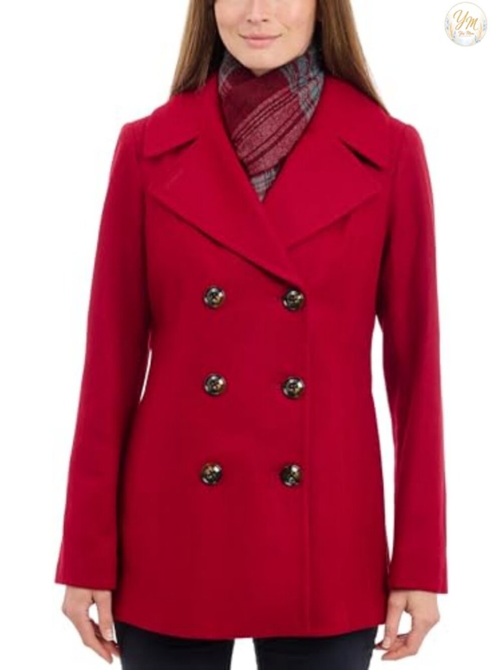 Women's Double Breasted Peacoat with Scarf Wool Blend Warm Winter Coat